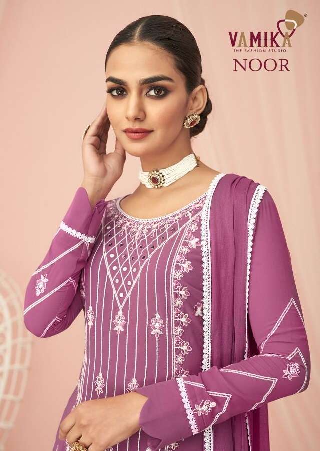 Vamika-noor-fabric-georgette-embroidery-work-straight Line- Kurti- Pure Cotton-Lycra-pant-nazmin-4 Side Border-less-dupatta-poster